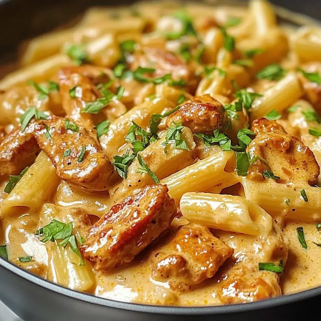 Rich and creamy pasta with chicken pieces, rigatoni, and fresh parsley on top.