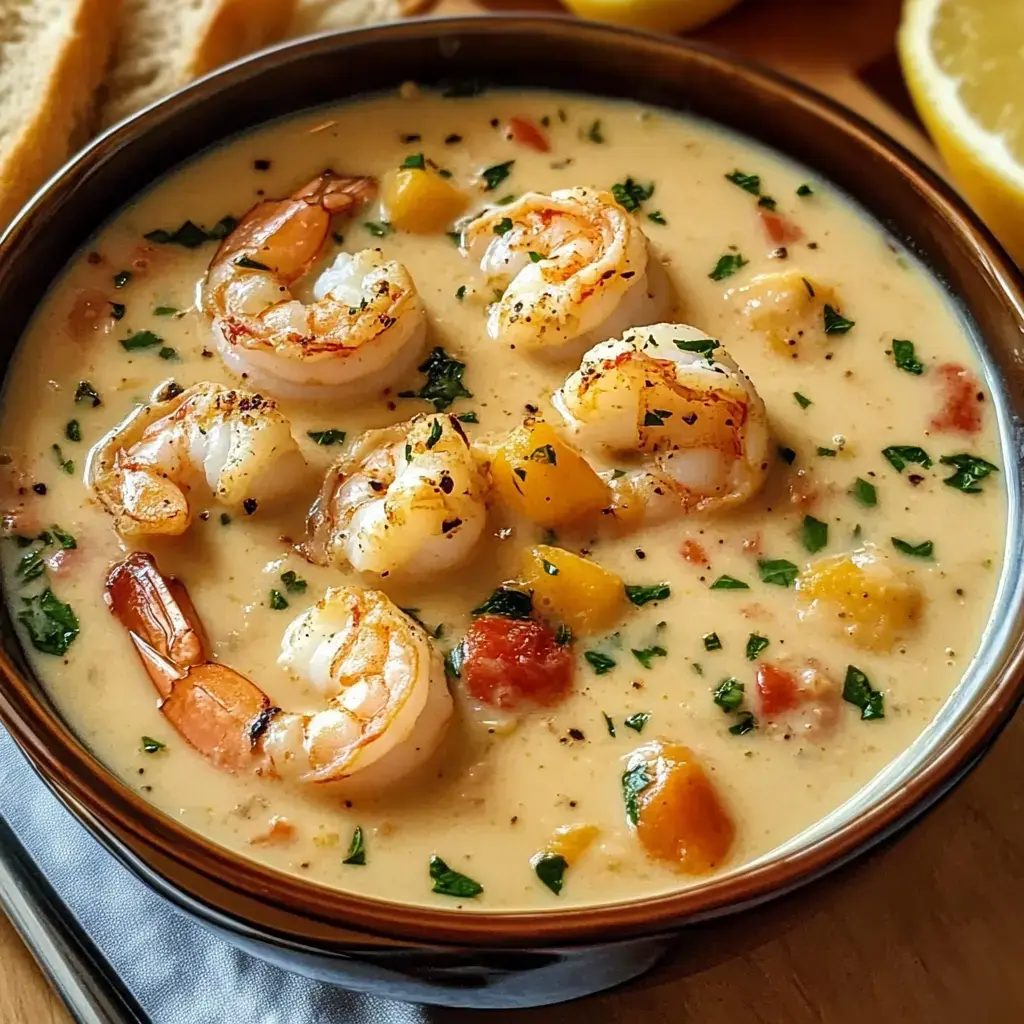 A creamy seafood soup with shrimp, herbs, and veggies, served alongside fresh bread and lemon slices.