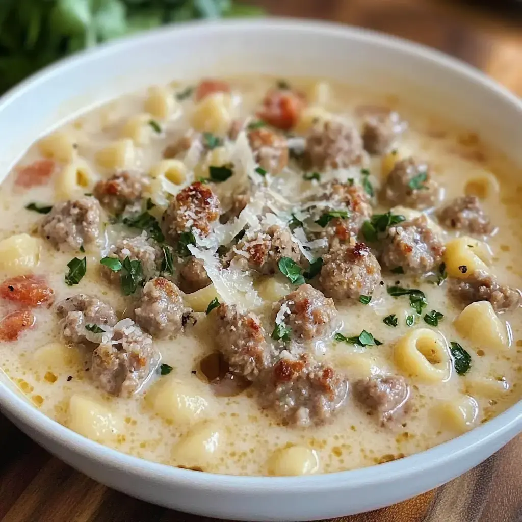 A hearty bowl of soup with pasta, sausage, tomatoes, herbs, and a sprinkle of cheese.