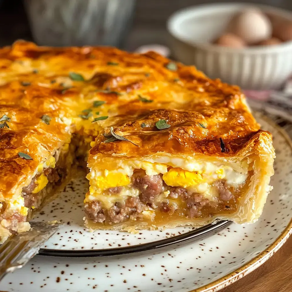A golden-brown slice of a savory breakfast pie loaded with cheesy eggs and sausage, sitting on a speckled plate with a fork beside it.