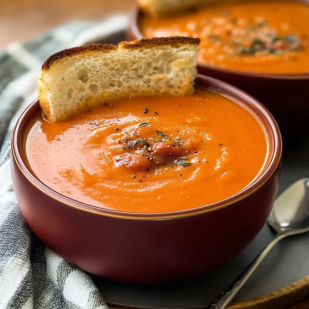 Two bowls of rich tomato soup topped with herbs, served with a crispy slice of bread.