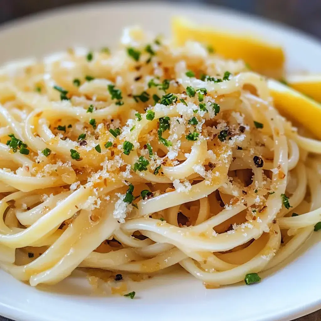 Plate of cheesy linguine pasta with fresh herbs, lemons, and a creamy butter sauce.