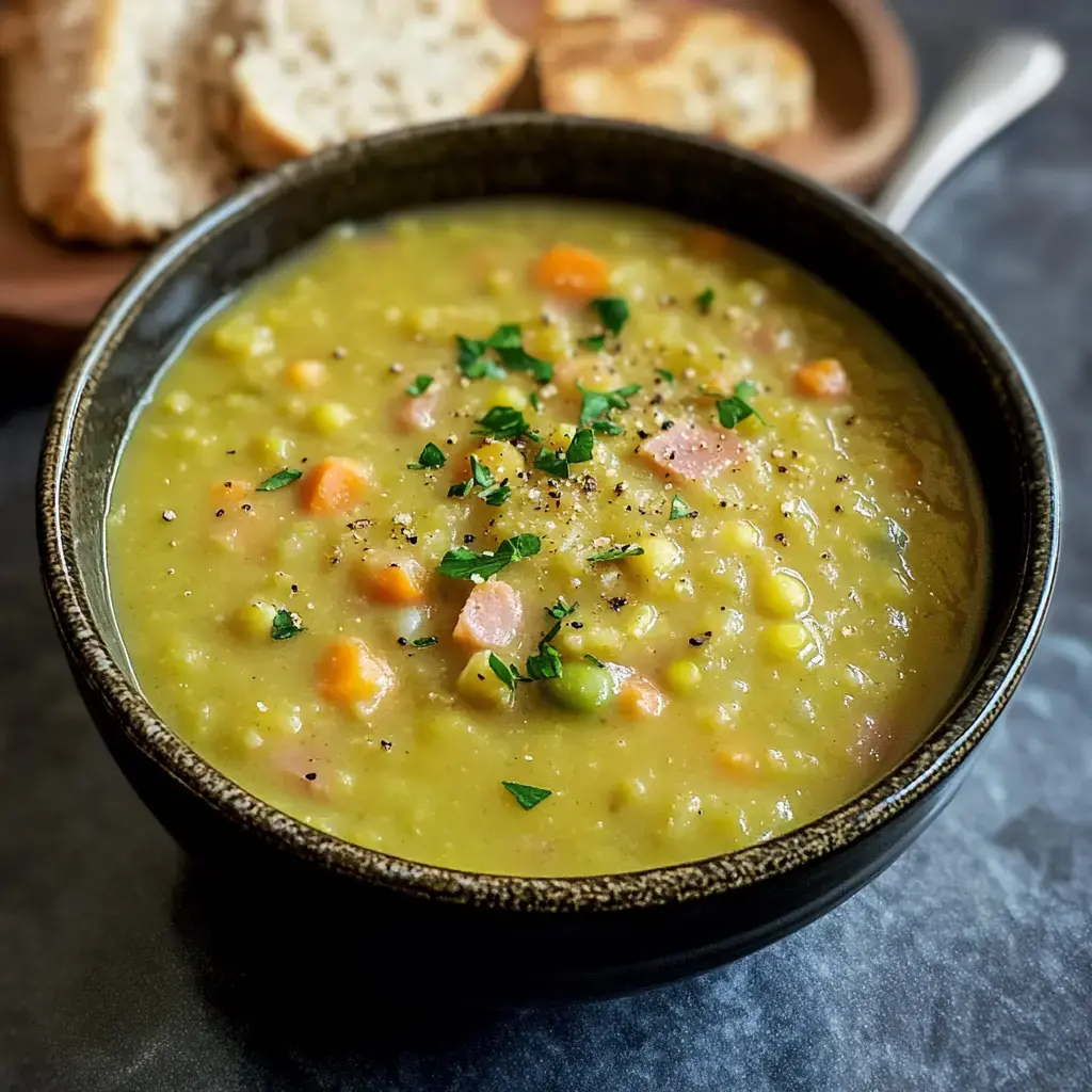 Close-up of a hearty green pea soup topped with parsley, surrounded by sliced bread.