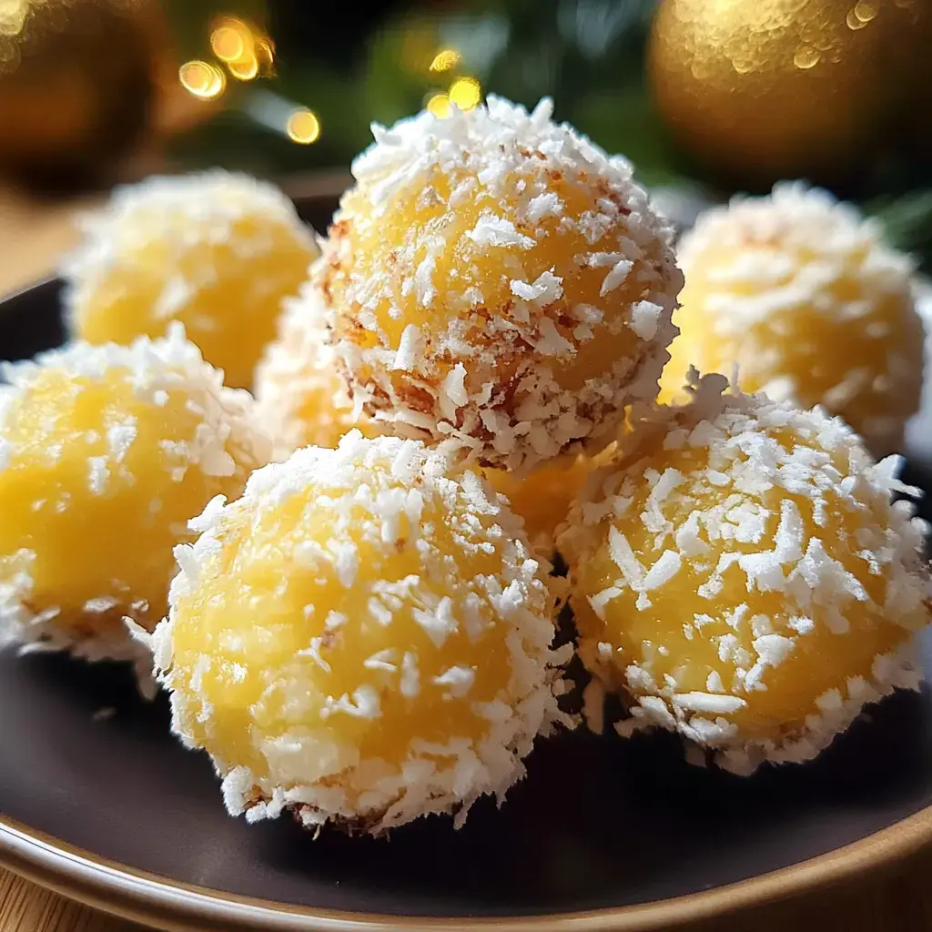A platter of golden coconut-covered balls set against a festive holiday background.