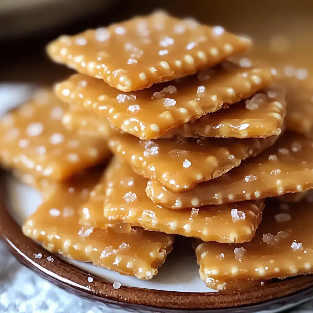 Salted caramel crackers stacked neatly on a plate for snacking.