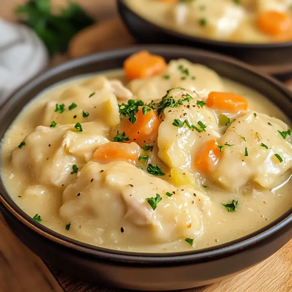 A steaming bowl of chicken and dumplings with creamy broth, carrots, and parsley on top.