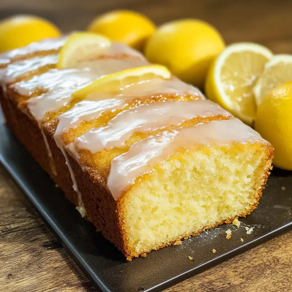 A golden loaf topped with lemon glaze, paired with fresh and cut lemons on a rustic wooden board.