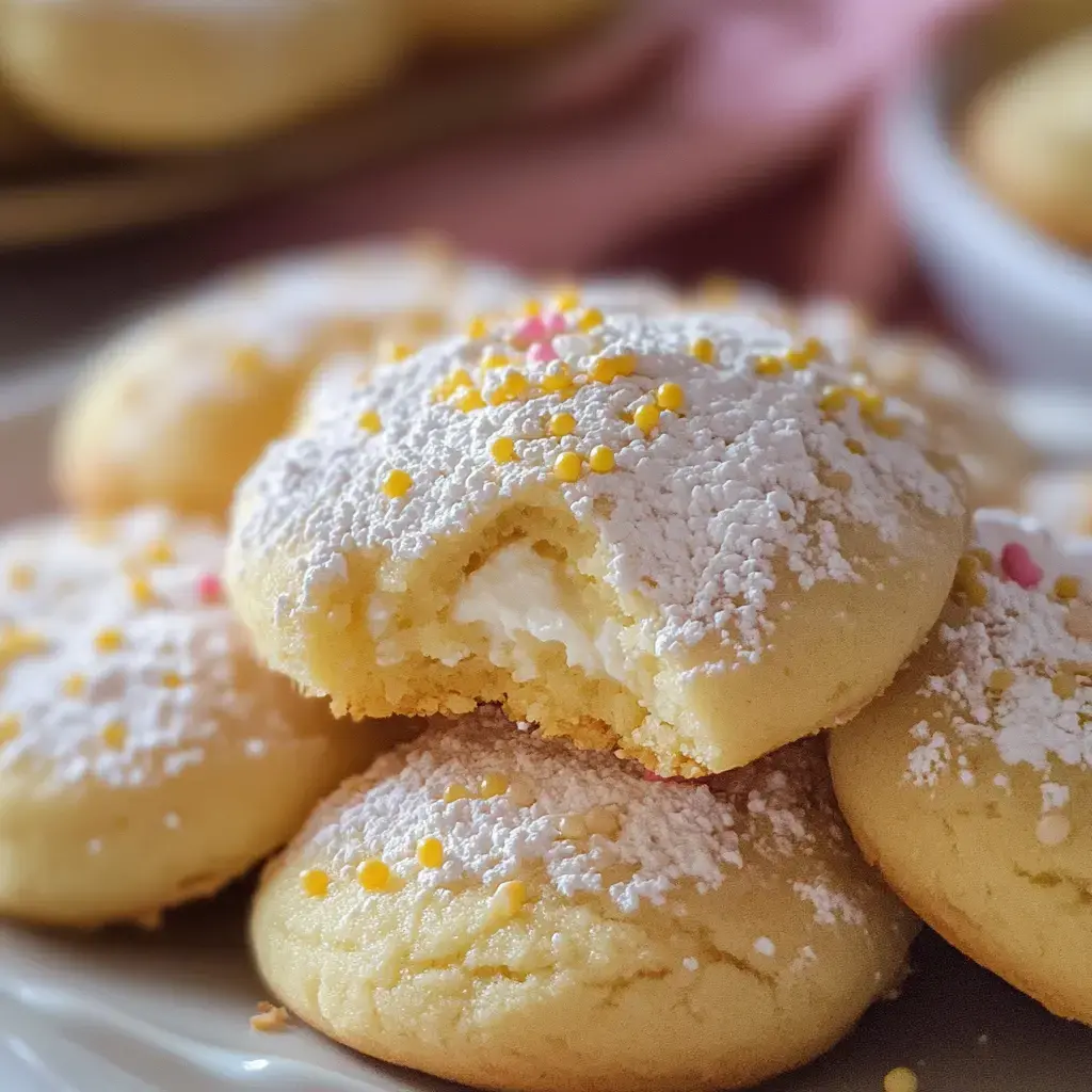 Close-up of frosted cookies with colorful sprinkles. One cookie shows a bite, revealing a soft interior.