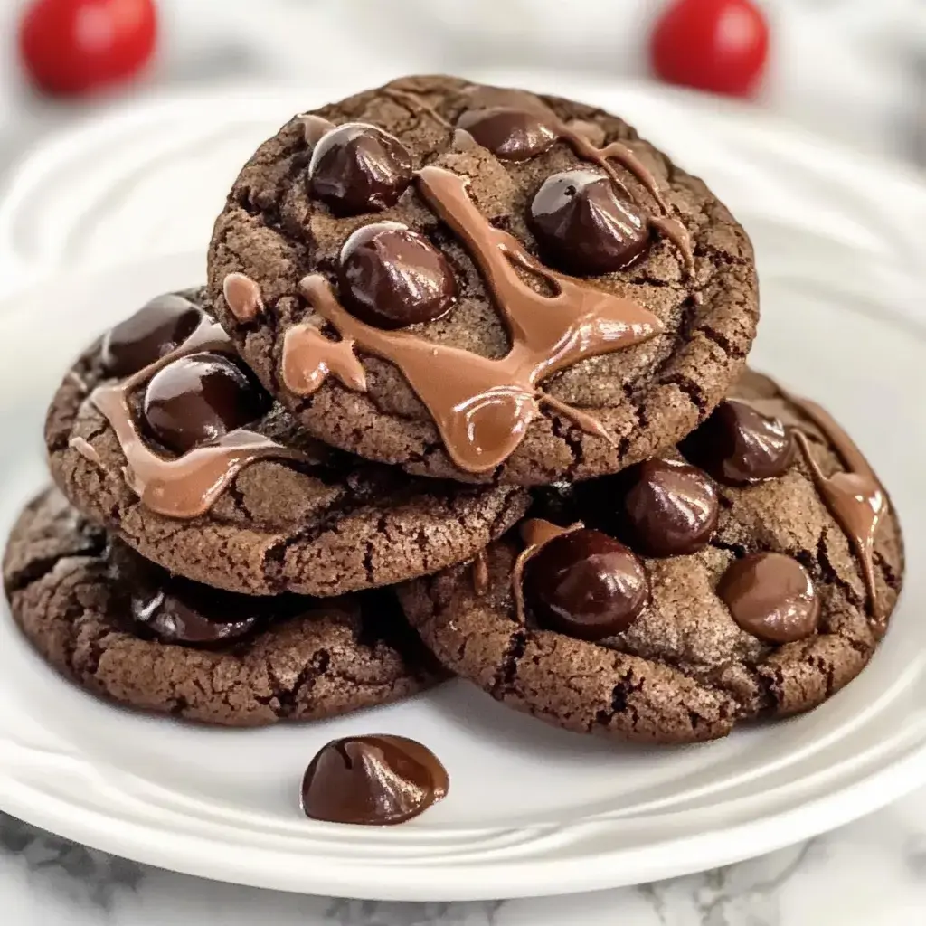A plate stacked with chocolate cookies, topped with melted chocolate drizzle and cherries.
