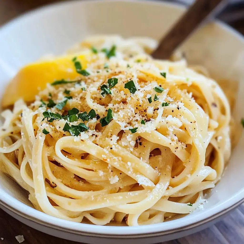 Spaghetti in a bowl sprinkled with cheese and parsley, with a lemon wedge on the side.