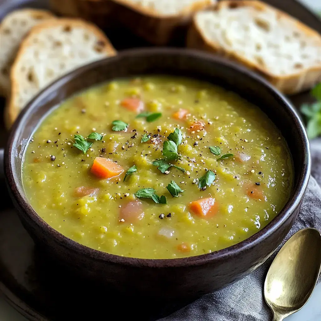 A steaming bowl of thick green soup topped with fresh parsley and orange carrot bits, served with crusty bread slices.