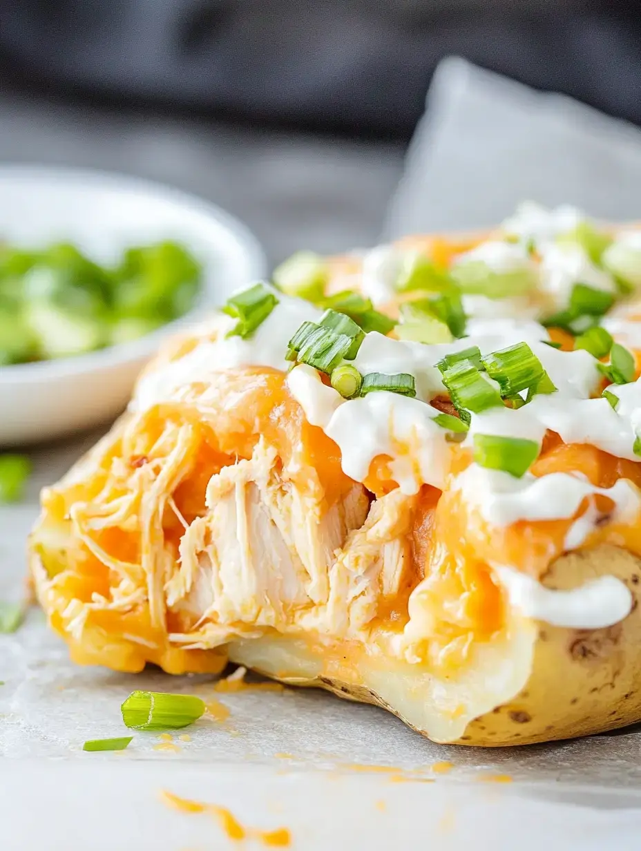 A potato split open topped with pulled chicken, gooey cheese, a dollop of sour cream, and fresh green onions.