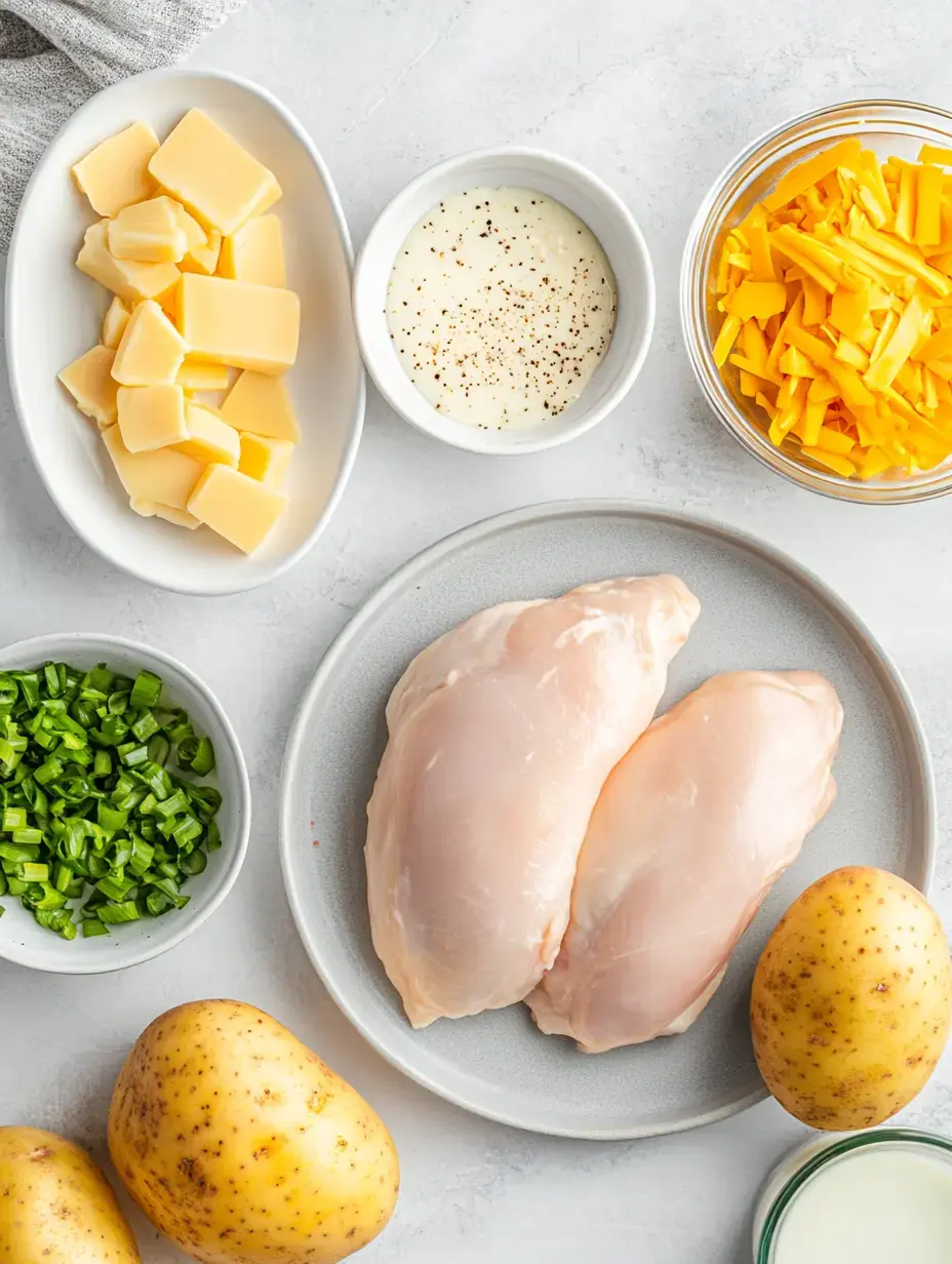 Raw chicken pieces, chopped scallions, cheese cubes, a bowl of white sauce, shredded cheese, and whole potatoes arranged on a bright counter.