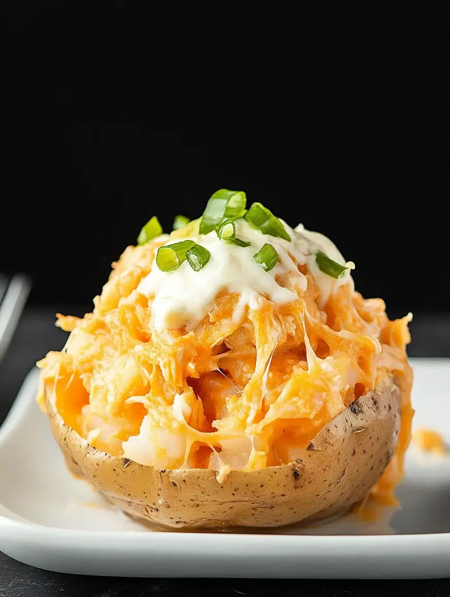 A hot potato cut open and filled with orange-tinted shredded toppings, garnished with green onion bits and white cream.