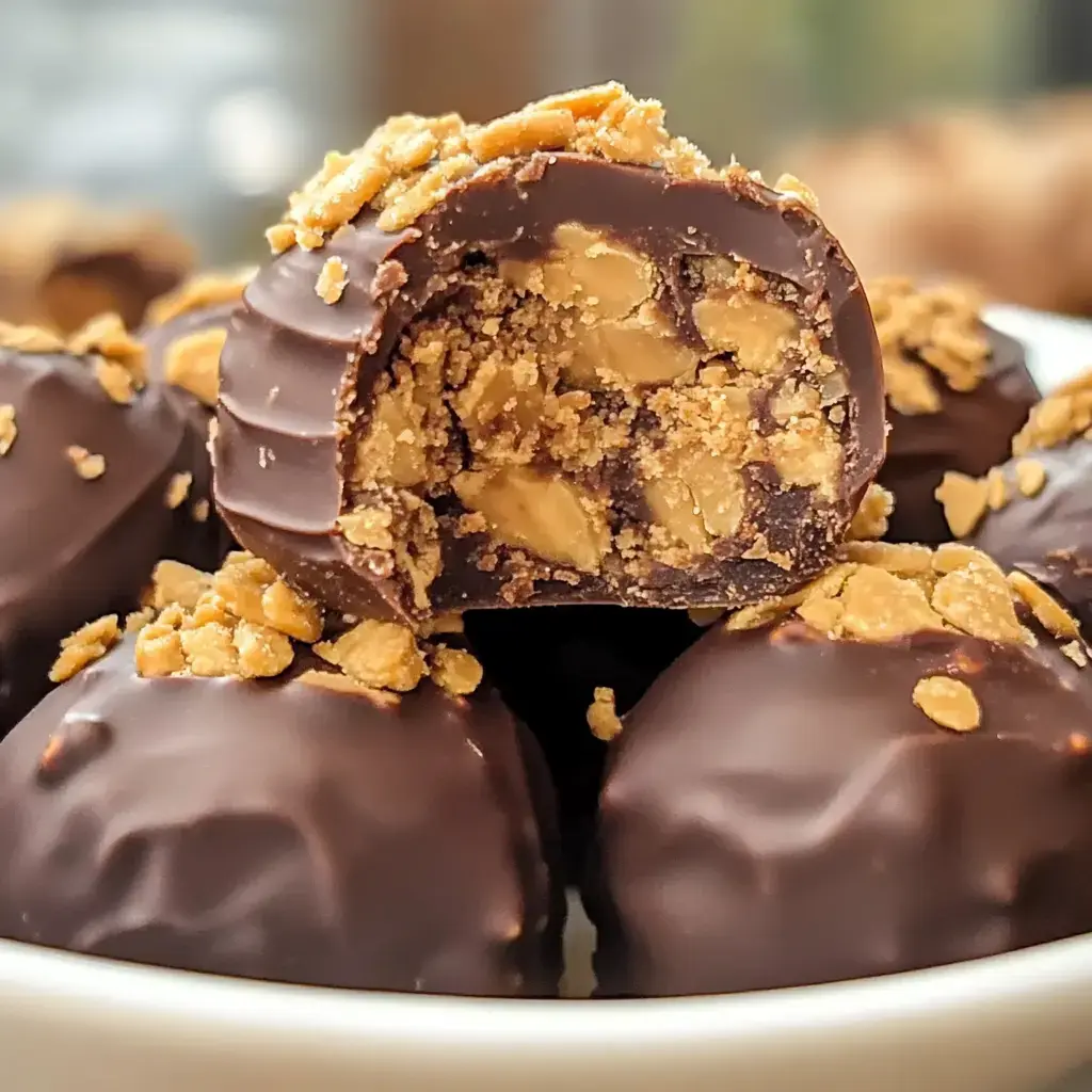 A tempting shot of chocolate-dipped candy showing its gooey inside with nuts and crunchy topping peeking through.