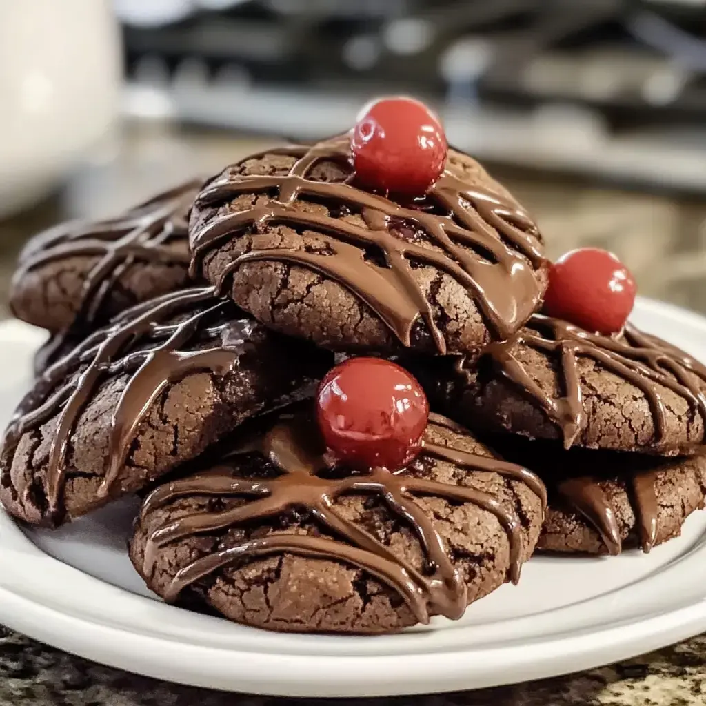 A plate of chocolate cookies with a glossy chocolate drizzle and cherries on top.