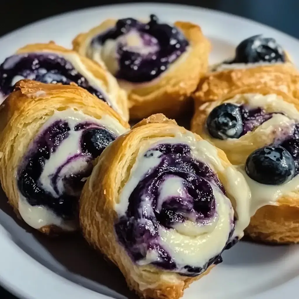 A plate showing spiral pastries with blueberry cream filling, displaying their buttery layers and rich purple swirls.