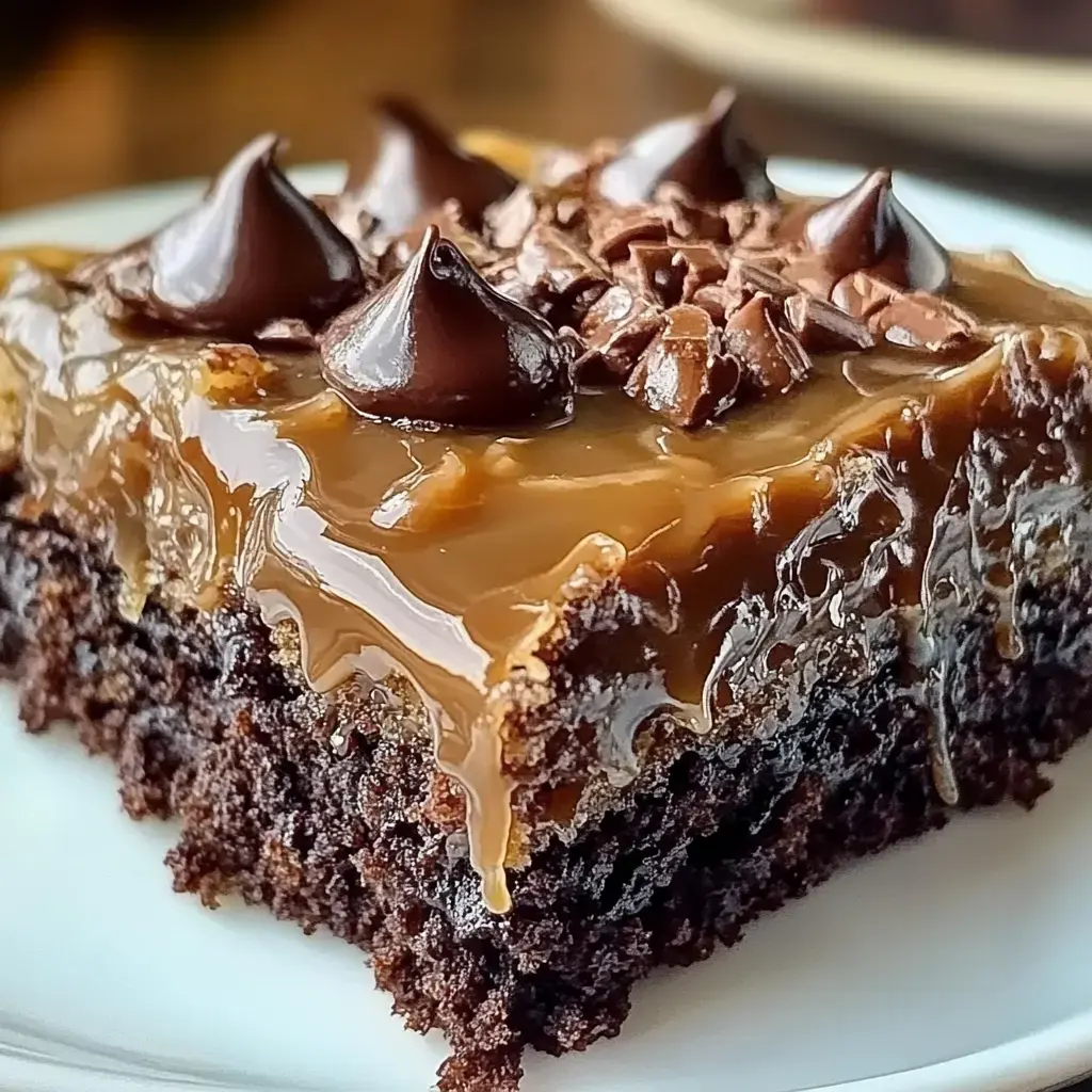 A scrumptious chocolate brownie closeup with glistening caramel and scattered dark chocolate chips on top.