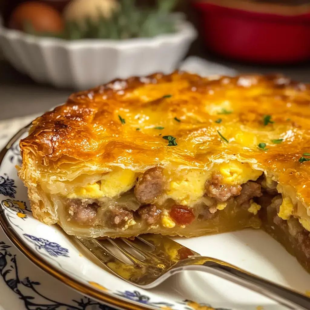 A wedge of golden savory tart featuring layers of crispy crust filled with ground meat and fluffy eggs sits on a patterned plate with a fork nearby.