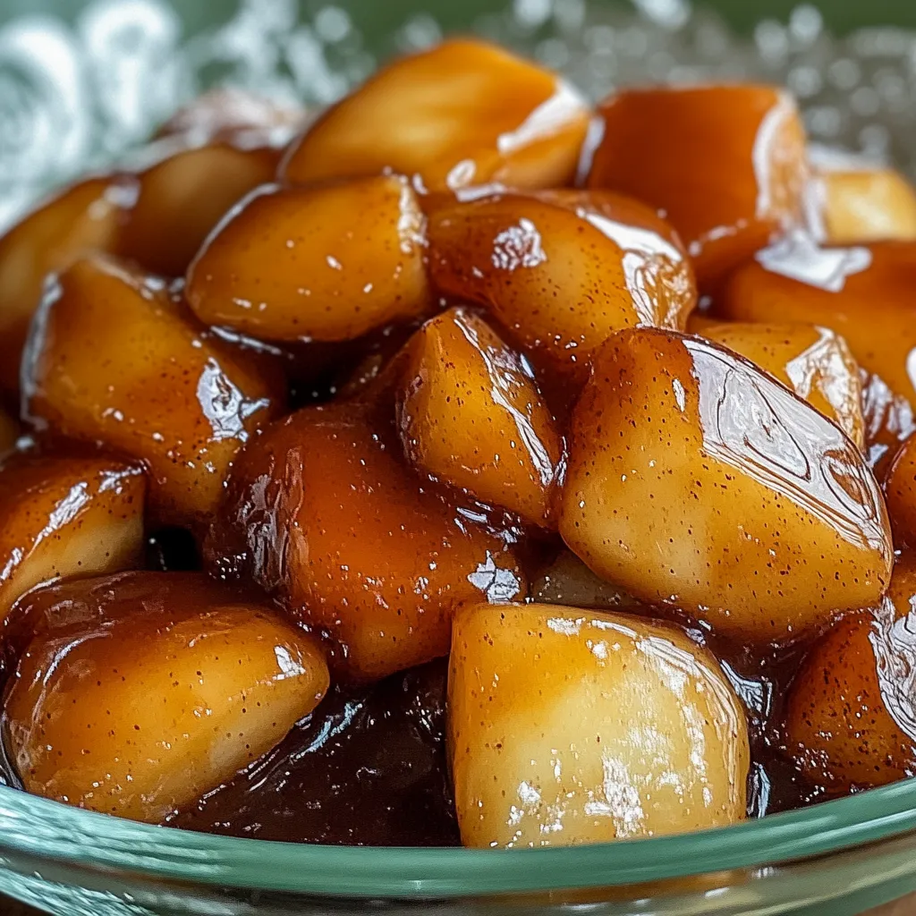 A dish loaded with Cracker Barrel Fried Apples, showing tender, golden apple slices covered in glossy, sweet syrup.