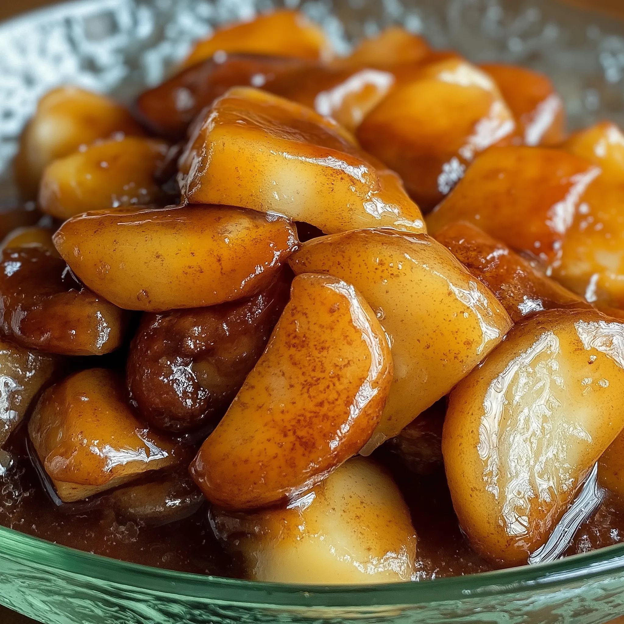 A serving of Cracker Barrel Fried Apples, featuring warm, sugary apple chunks wrapped in a thick, golden sauce.