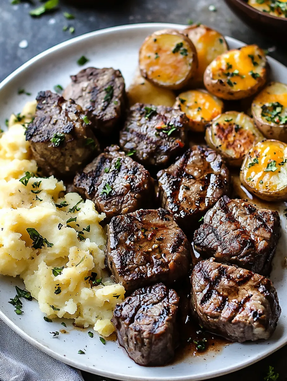Garlic Butter Steak Bites and Cheesy Smashed Potatoes Closeup