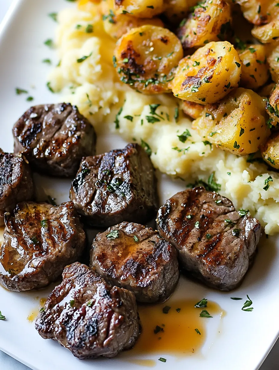 Simple Garlic Butter Steak Bites & Smashed Potatoes with Cheese