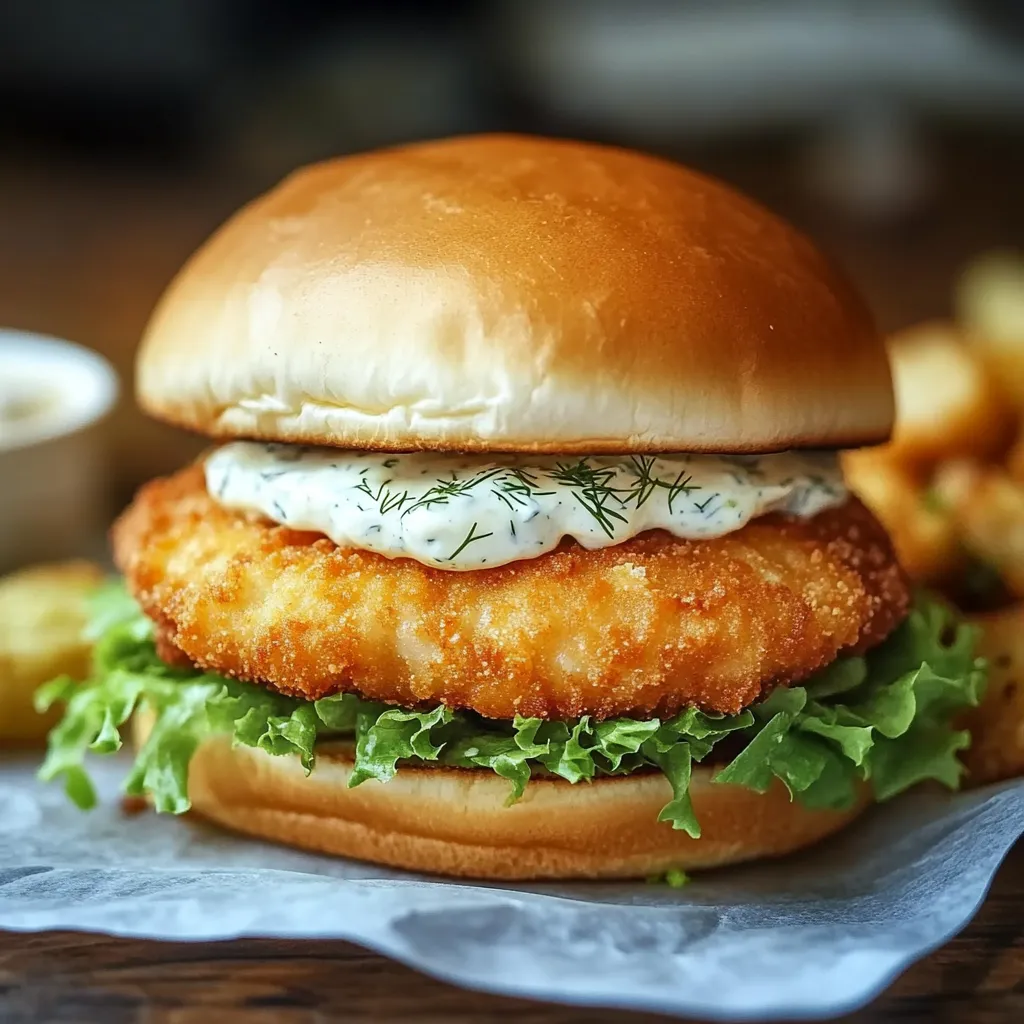 Crispy fish sandwich with pickles and lettuce