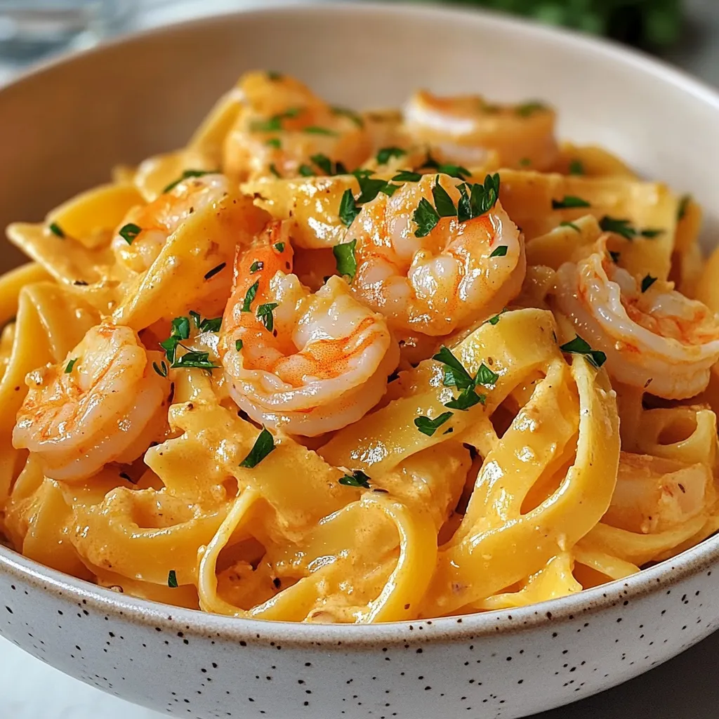 A plate of creamy pasta topped with shrimp and herbs.