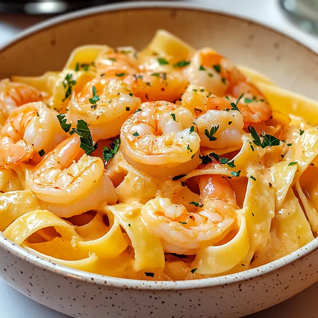 A bowl of shrimp and pasta with a green herb on top.
