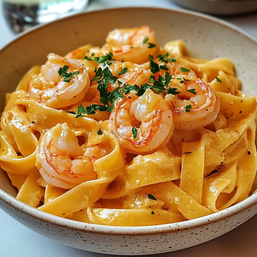 A bowl of shrimp and pasta with a green garnish.