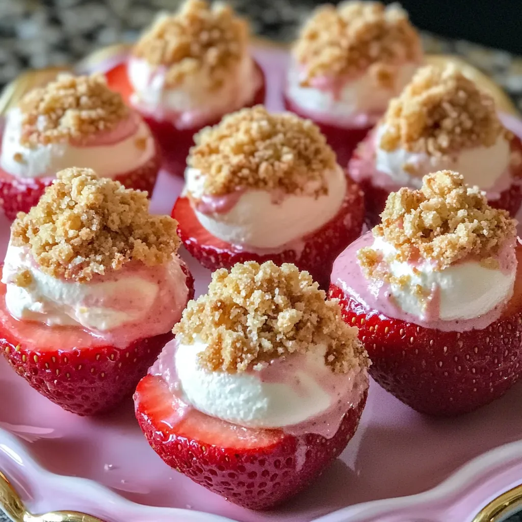 A plate filled with strawberries topped with cream and crushed nuts.