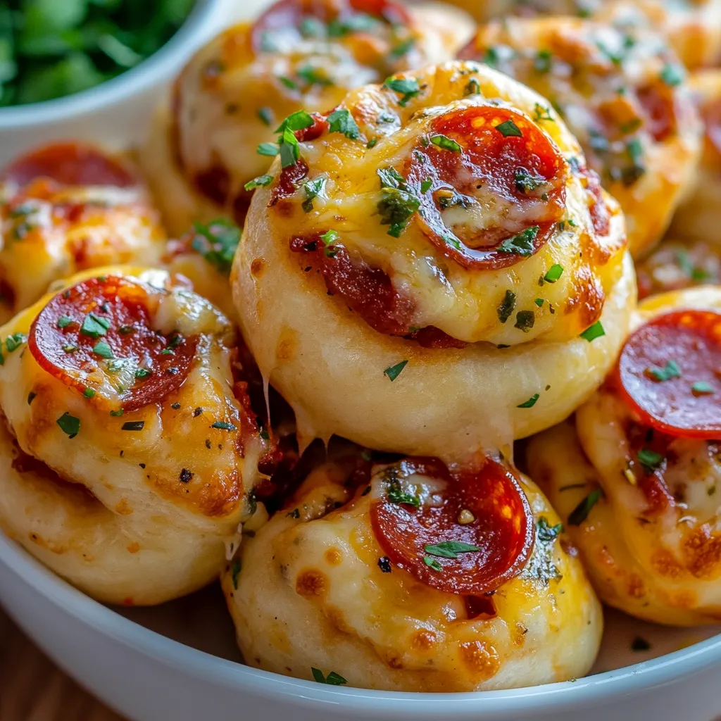 A bowl of cheese and pepperoni stuffed breadsticks.