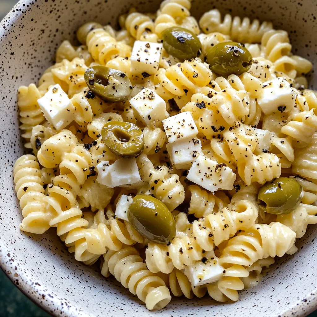 A bowl of pasta brimming with olives and feta.
