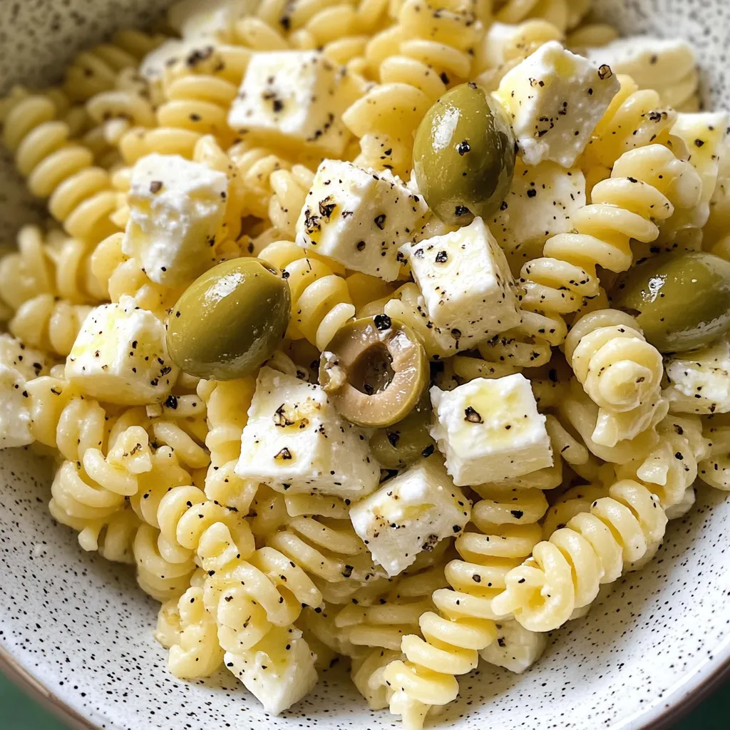 A bowl of pasta with cheese and olives.