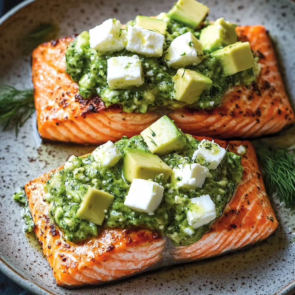 Salmon topped with avocado mixture and cheese.