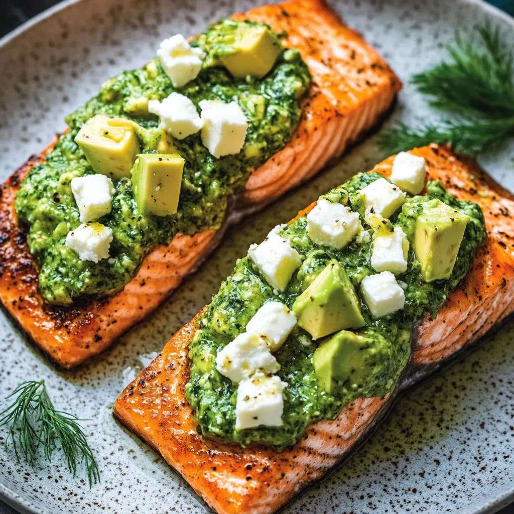 Two pieces of salmon with avocado and cheese on top, served on a plate.