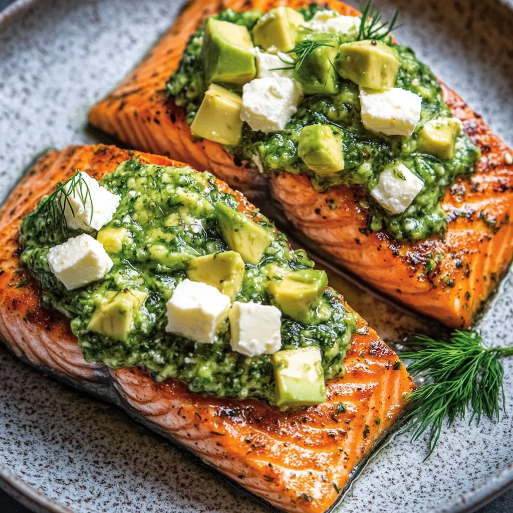 Two pieces of fish with avocado and cheese on top, served on a plate.