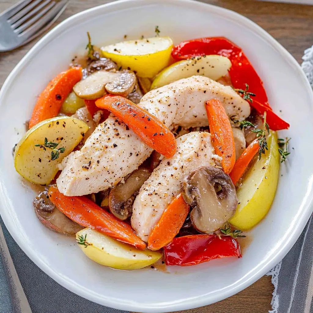 A plate of food with chicken, potatoes, carrots, and mushrooms.