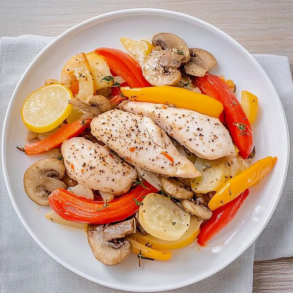 A plate of food with chicken, mushrooms, peppers, and a lemon wedge.