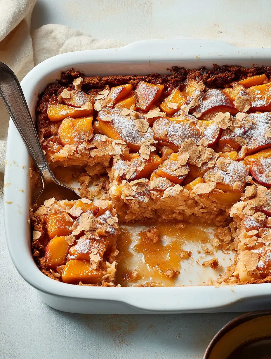 A white plate with a peach cobbler dessert.