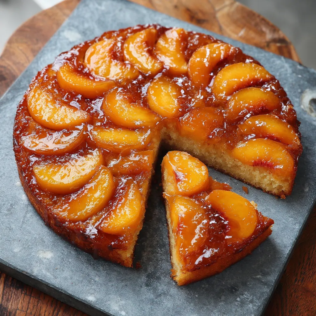 A slice of peach cake on a cutting board.