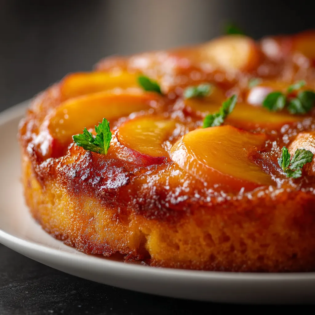 A slice of peach cake on a white plate.