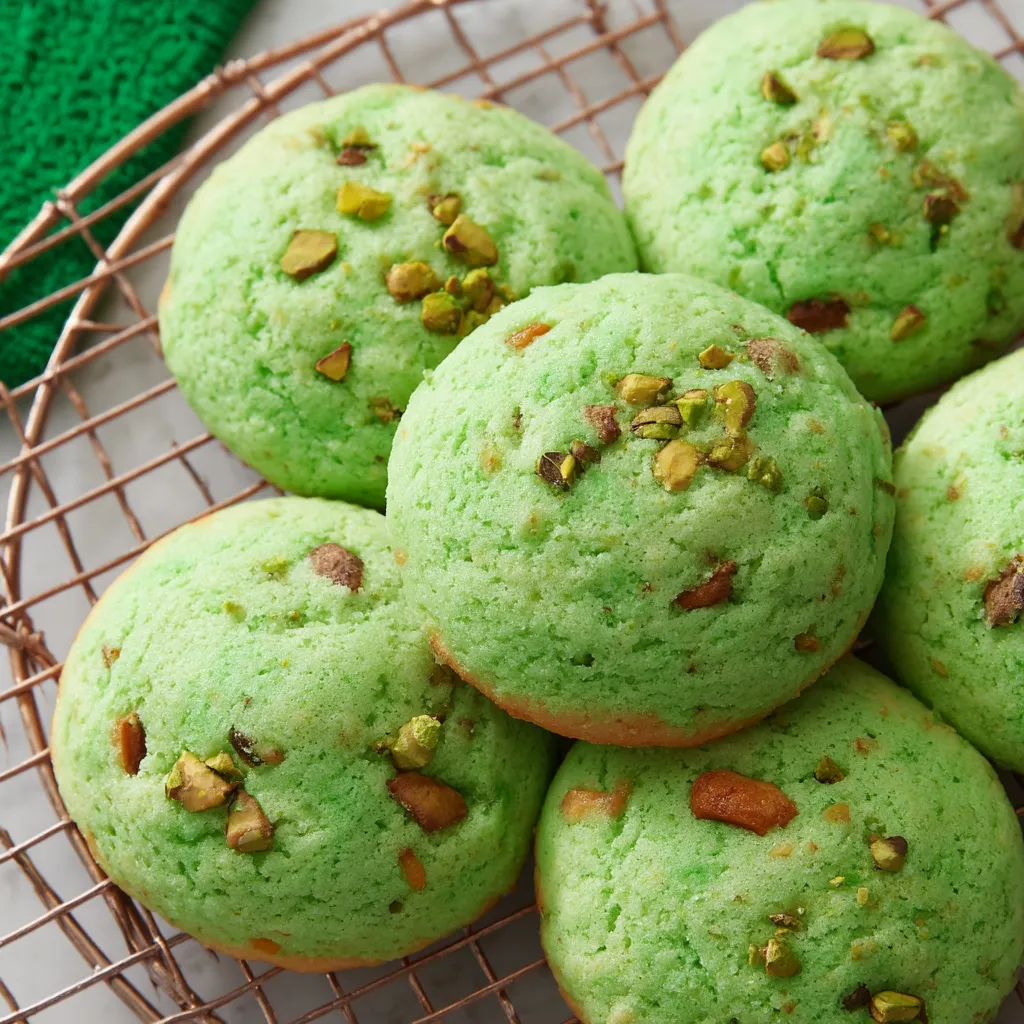 Green cookies on a wire rack.