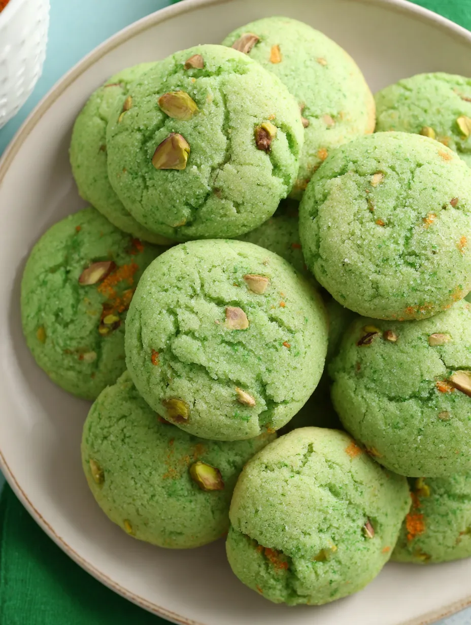 A plate of green cookies with nuts.