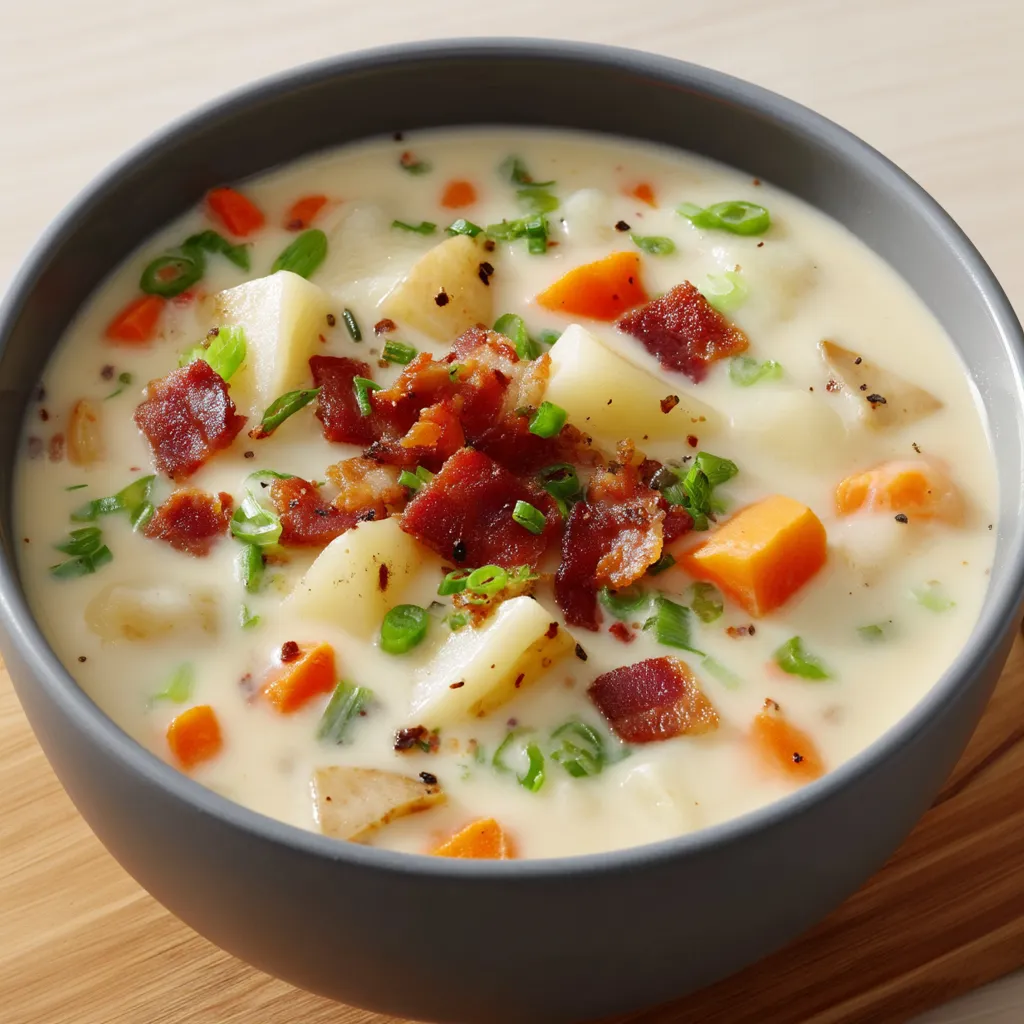 A bowl of soup with bacon and carrots.