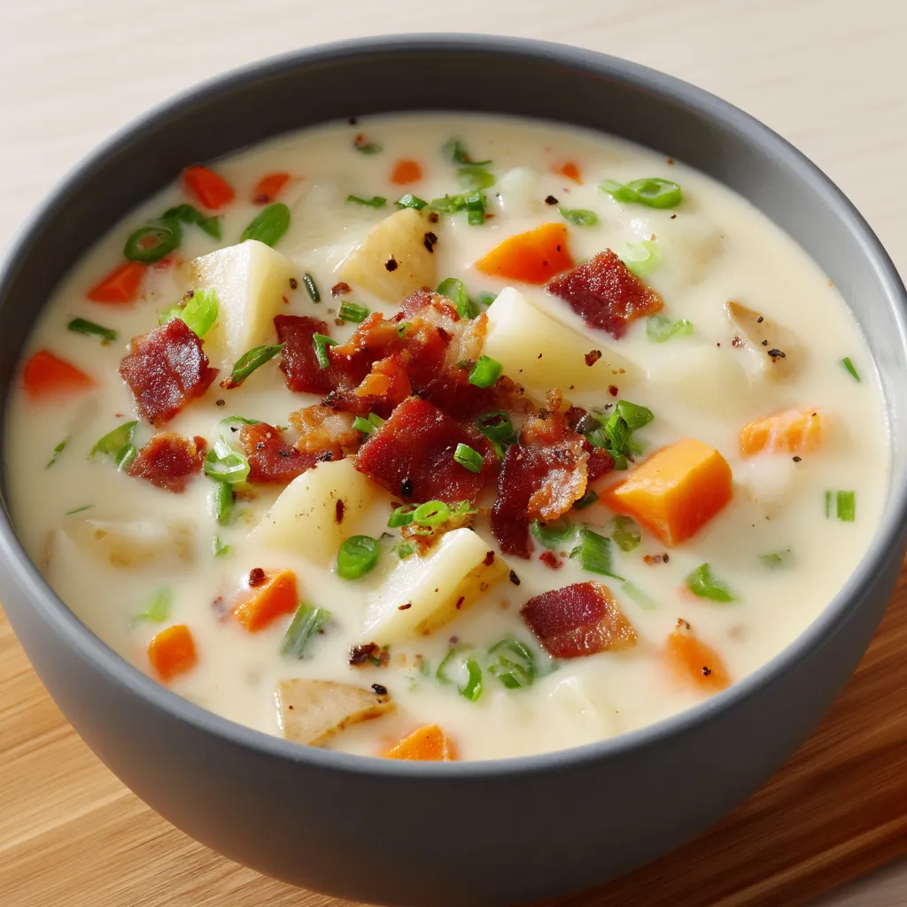 A bowl of soup with bacon and carrots.