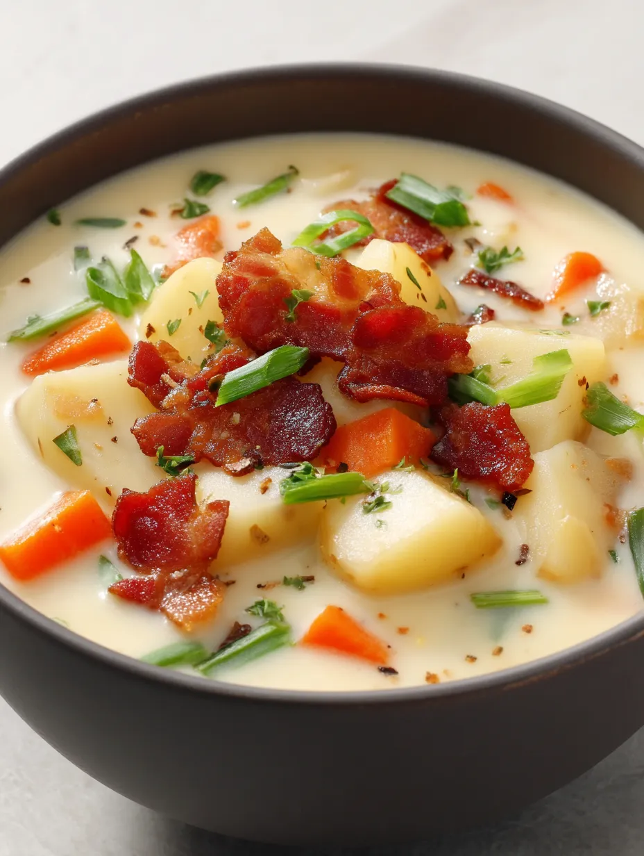 A bowl of soup with bacon and carrots.