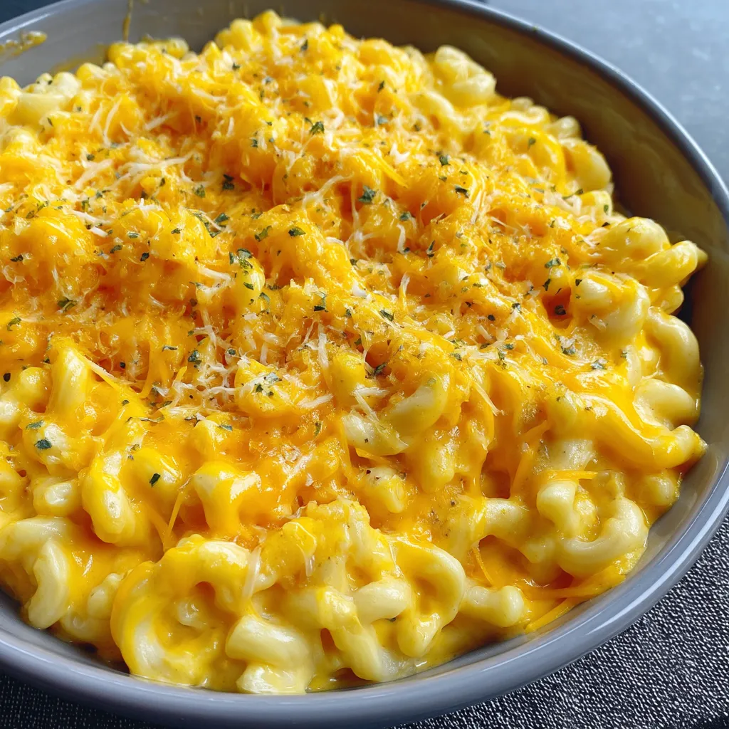 A bowl of macaroni and cheese.