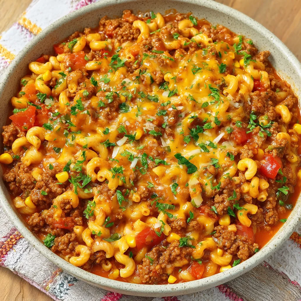 A bowl of macaroni and cheese with meat.